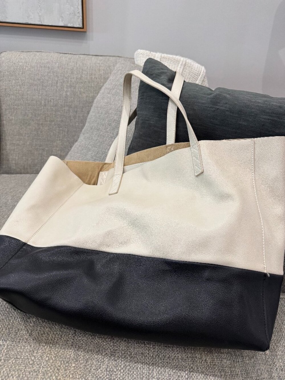Chico's Ivory Navy Colorblock Faux Leather Tote Designer  Inspired Quiet Luxury